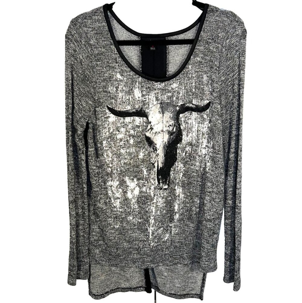 Rock & Republic Sweater Women's M Oversized Abstract Art and Longhorn Skull